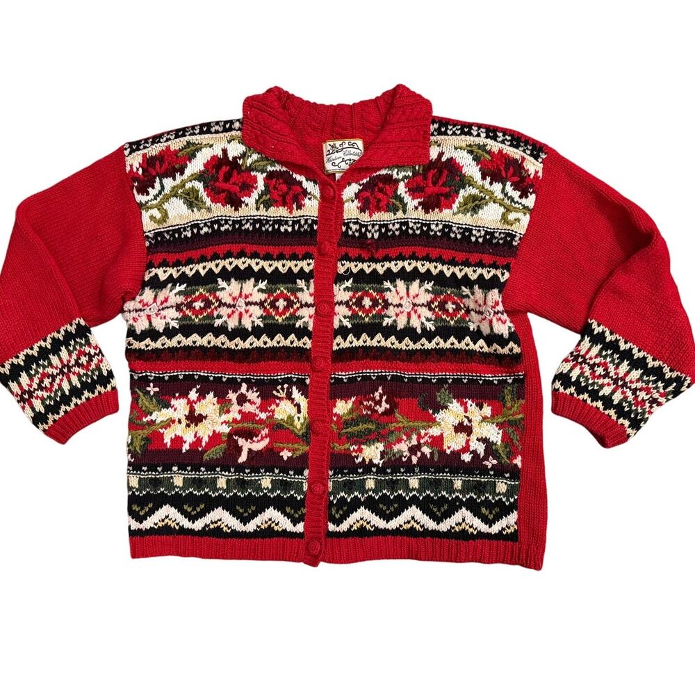 Heirloom Collectibles Fair Isle Floral Cardigan Red Black M Oversized 80s 90s